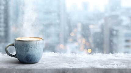 Steaming hot coffee in ceramic blue mug on snowy balcony railing with blurred city skyline background creating cozy winter morning atmosphere