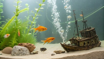 Vibrant goldfish swim gracefully through a sunlit aquarium with a sunken shipwreck decoration