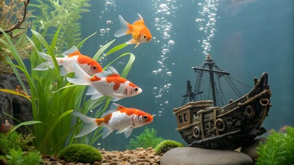 Vibrant goldfish swim gracefully past a sunken pirate shipwreck in a lushly planted aquarium