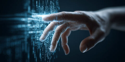 A person's hand is reaching out to touch a stream of digital data, symbolizing connection, innovation, and the future of technology. The hand's delicate touch meets a dynamic flow of binary code.