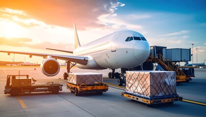 Air freight being loaded onto a large passenger plane at sunset