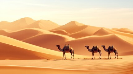 Caravan of camels traversing the arid desert landscape at golden hour