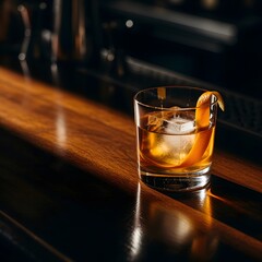 A classic amber cocktail with a large ice cube and orange peel garnish sits on a polished wooden bar, reflecting warm light.