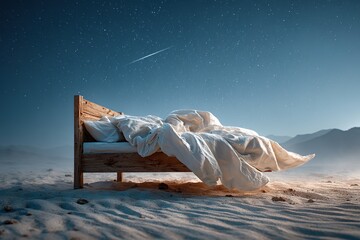 Bed in the desert under a starry sky with a shooting star at night