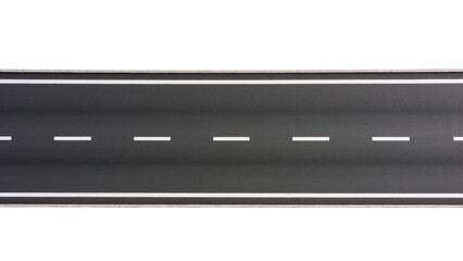 Aerial view of straight asphalt road with white lane markings, creating sense of openness and tranquility