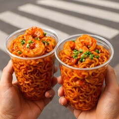 Spicy Shrimp Noodles in Clear Cups – Street Food on the Go