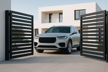 Modern car exiting contemporary home through automatic gate