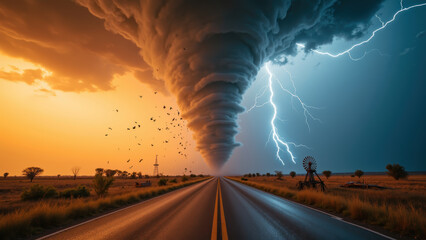 Dramatic tornado forms over vast landscape, contrasting warm orange and cool blue skies. Lightning strikes illuminate scene, enhancing sense