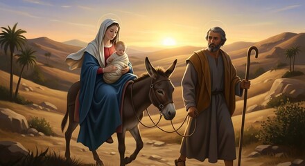 The Holy Family's Flight to Egypt Through the Desert at Sunrise