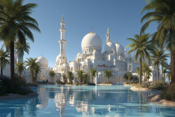 Meczet w otoczeniu bujnego, malowniczego ogrodu – harmonia architektury i przyrody.