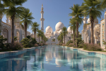 Meczet w otoczeniu bujnego, malowniczego ogrodu – harmonia architektury i przyrody.