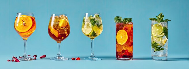 Four refreshing cocktails in elegant glasses against a vibrant blue backdrop. Citrus slices, mint leaves, and ice adorn the beverages