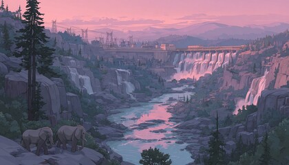 PASTELOWA ILUSTRACJA PŁASKICH SŁONI I WYDR W KRAJOBRAZIE WODOSPADÓW