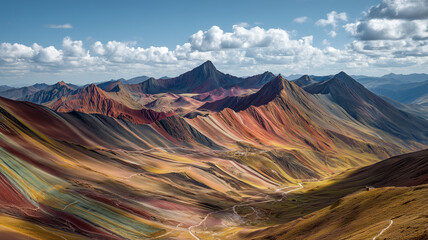 Góry Tęczowe Vinicunca w Peru, niezwykłe pasma kolorów na tle błękitnego nieba i majestatycznych Andów, krajobraz pełen magii i natury.