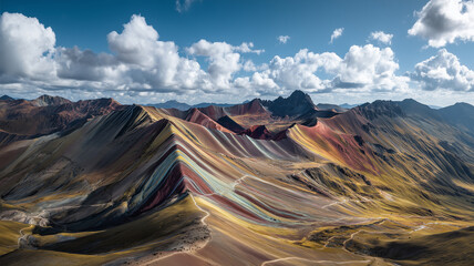 Góry Tęczowe Vinicunca w Peru, niezwykłe pasma kolorów na tle błękitnego nieba i majestatycznych Andów, krajobraz pełen magii i natury.