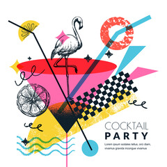 Tropical summer party banner with flamingo, pink cocktail. Modern vector sketch art collage illustration