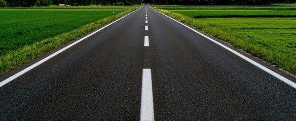 [The road stretching into the distance through vibrant green fields toward a tree lined horizon]