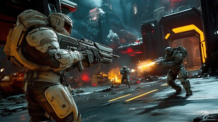 Intense firefight between armored soldiers in a futuristic battlefield. Epic scene from a video game.