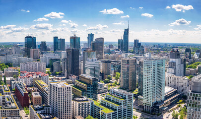 Panoramic. view of modern skyscrapers and business centers in Warsaw. View of the city center from above. Warsaw, Poland.