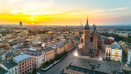 central market square of krakow in poland at dawn in summer view from above