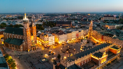 aerial view over central square of krakow in evening at sunset in poland