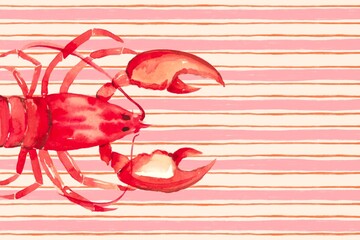 Illustration of lobster on striped background. Summer, Italy, Amalfi, Mediterranean pattern for poster, card, wall art. Hand drawn watercolor.