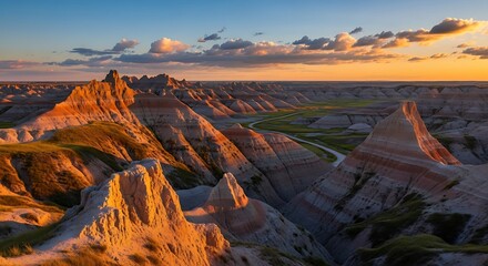 Panoramic vista of the Badlands formations at dusk, capturing the layered rock and sunset
