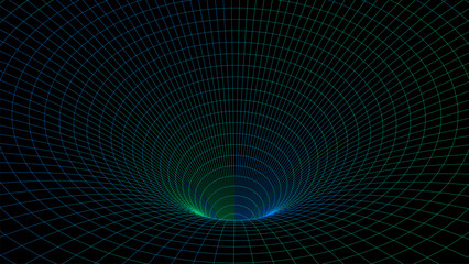 Futuristic vector sci-fi circle portal in space. 3D colors ai tunnel with dots and lines. Abstract digital wormhole data. Flow particle by funnel. Fantasy circle vortex on dark background.