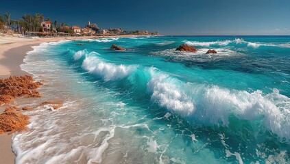 Sunny beach scene with turquoise waves