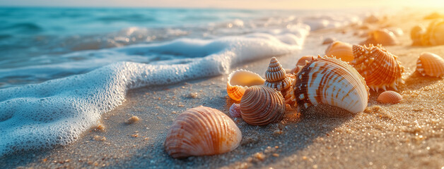 Kadr poziomy, przedstawiający muszle ociekane przez morską pianę. Niskie ujęcie z perspektywy muszli. W oddali widać promienie słońca.