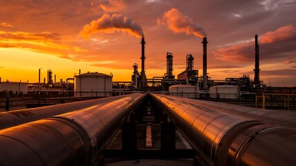 Industrial oil refinery complex with smoking chimneys against a dramatic fiery orange and yellow sunset sky