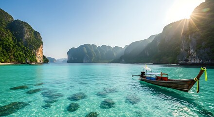 Scenic Wooden Boat Floating on Clear Turquoise Ocean Water