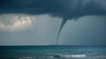 A tornado touches down over the ocean, creating a striking waterspout as dark clouds loom overhead. The scene captures an intense atmospheric moment at dusk.