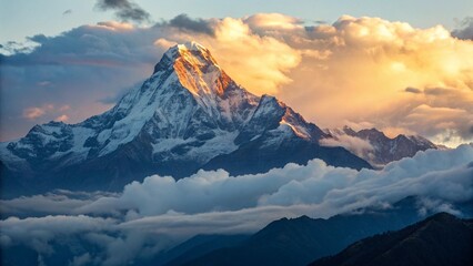 Majestic annapurna mountain peak in nepal at sunrise with snow covered summit and clouds in the valley, a beautiful himalayan landscape