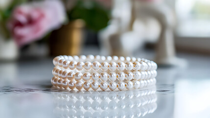 una pulsera o collar de perlas preciosas elegantes finas y exclusivas diseño de elegancia sobre una mesa de marmol diseño con estilo de joyeria