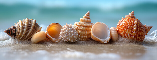 Zatoka muszelek na plaży, na zdjęciu są różne muszle leżące w rzędzie na mokrym piasku.