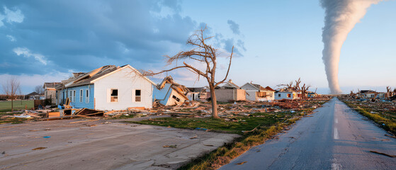 Tornado Aftermath: Tornado with Destroyed Houses – Damaged Homes in Suburban Neighborhood After Tornado Hurricane Disaster – Dramatic Weather and Climate Crisis Concept