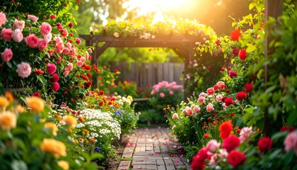 A sun-drenched garden path winds through a vibrant display of colorful roses and other flowers, bathed in the warm glow of late afternoon sunlight.