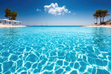 Tranquil azure beach vista, crystal-clear water