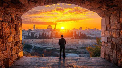Golden Hour in Jerusalem: A Man's Silhouette Witnessing a Breathtaking Sunset