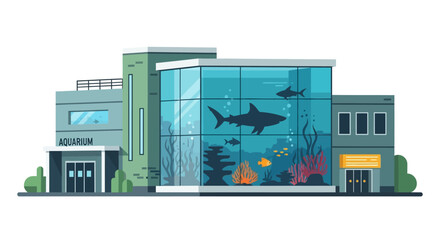 Captivating cartoon aquarium building illustration with diverse marine life exhibition and modern architecture design showcasing aquatic wonders