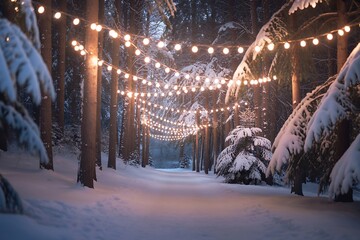 A magical winter forest path lined with glowing christmas lights, creating a festive and enchanting holiday scene