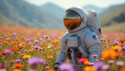 Astronaut in field with orange flowers reflecting in helmet. Cosmonaut among colorful wildflowers with meadow and mountains. Space traveler explores idyllic planet. USA flag on spacesuit.
