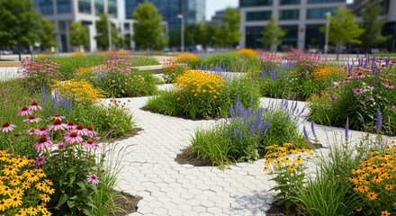 View of a completed rain garden featuring interconnected permeable pavement walkways and native wildflowers enhancing urban biodiversity and aesthetics.
