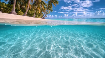 Tropical island beach split view, turquoise water