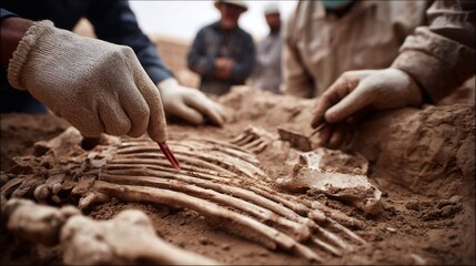 Archeological excavation of ancient human skeleton. Paleontologists carefully uncovering fossil remains. Scientific research and prehistoric discovery at dig site