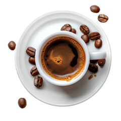 Overhead view of a cup of espresso with coffee beans