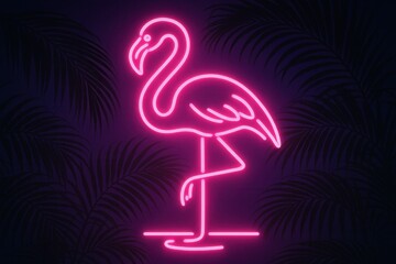 Pink flamingo created entirely from neon tubes glowing against dark tropical background