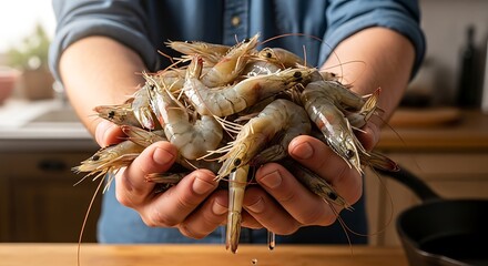 Hands holding fresh raw shrimp prawns seafood for cooking delicious meal preparation in kitchen