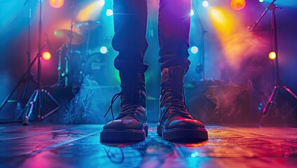 Musician's boots on stage, concert backdrop, smoky lighting